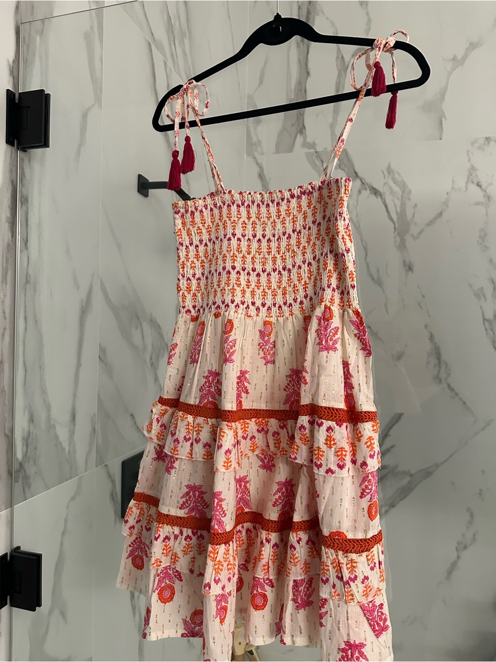 Debbie Katz Smocked Tie-Strap Tiered Casual Dress in Pink & Orange Size L